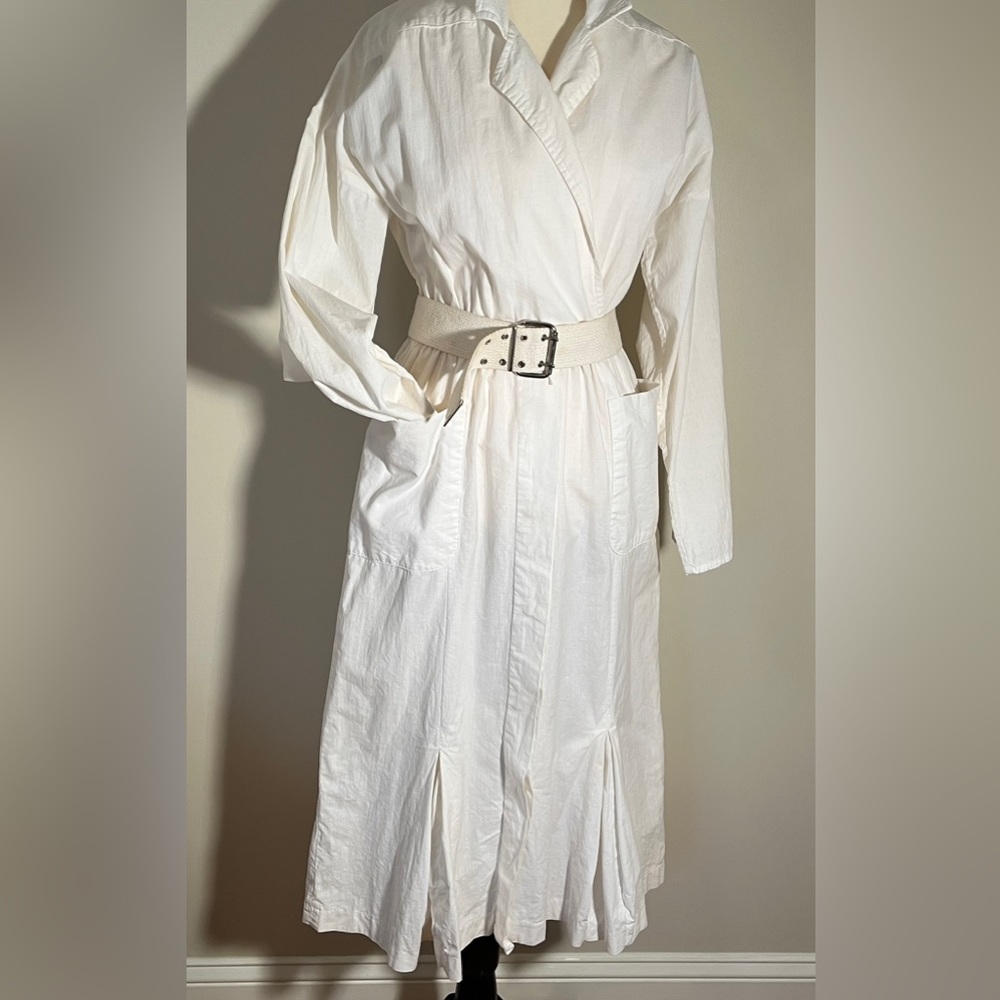 White cotton dress with Collar. Long sleeve. Size Small. Web belt included.